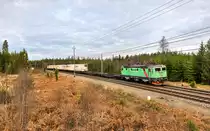 Die Rc4 1311 fährt mit einem am 31.10.2017 sehr kurz ausgefallenen DB Schenker Kühltrailerzug bei Nassjö südwärts.