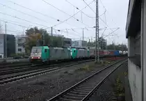 Zwei Cobra 2831 und 2824  kommen mit einem Containerzug aus Zeebrugge(B) nach Gallarate(I)  und fahren in Aachen-West ein.
Aufgenommen vom Bahnsteig in Aachen-West. 
Bei Regenwetter am Nachmittag vom 11.11.2017.