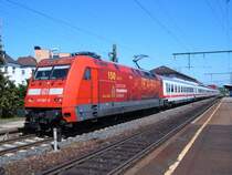 101 047-9  Feuerwahr-Express  am 19.05.07 mit IC 2160 von N�rnberg HBF nach Karlsruhe HBF. Hier auf Gleis 1 des Aalener Bahnhofs.