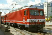 MGB exBVZ - HGe 4/4 II 4 am 22.05.1997 in Visp - Zahnrad-LOKOMOTIVE - Name: T�schhorn - �bernahme: 09.10.1990 - SLM5422/ABB - 1932 KW - Gewicht 64,00t - L�P 14,77m - zul�ssige Geschwindigkeit 90/Z35 km/h - �1=28.01.1993 - Lebenslauf: ex BVZ HGe 4/4 II 4 - 2003 MGB HGe 4/4 II 4
