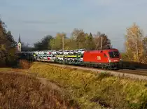 Die 1016 041 mit einem Autozug am 04.11.2017 unterwegs bei Fahlenbach.