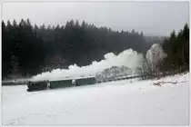 Lok 1 der Museumsbahn Čierny Balog am 28.1.2018 auf der Stichstrecke Šánské und Čierny Balog kurz nach dem aktuellen Endpunkt Šánské Richtung Čierny Balog aufgenommen.