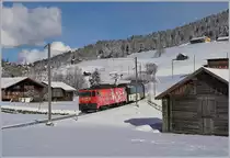 Die MOB GDe 4/4 6005 macht als neue Werbelok auf das im Sommer 2019 in Vevey stattfindende  Fête des Vignerons  aufmerksam und passt damit ausgezeichnet in die Winterlandschaft bei Gruben. 
2. Februar 2018