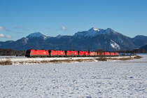 Ein Lokzug aus 9 Maschinen der Baureihe 1016 war am 29. Dezember 2017 nach Landshut unterwegs. 1016 045, 1016 042, 1016 050, 1016 041, 1016 048, 1016 040, 1016 043, 1016 044 und 1016 046 fahren gerade durch die Kurve bei Weisham.