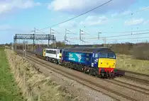57302 approaches Heamies Farm whilst hauling 90002 and a DBSO from Crewe Electric TMD to Norwich Crown Point,  15 Feb 2018