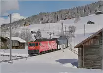 Als Bild-Variante, etwas enger zugeschnitten als das bereits gezeigte Bild die neue MOB Werbelok GDe 4/4 6005  Fête des Vignerons Vevey 2019  zwischen Schönried und Gruben.
2. Feb. 2018