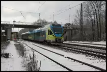 Die Eurobahn verlässt hier am 4.2.2018 um 10.29 Uhr als RB 66 den Bahnhof Natrup Hagen in Richtung Osnabrück. Noch trägt der Triebwagen das alte Farbkleid des Vorgänger Unternehmens Westfalenbahn.