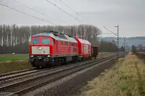 Am 13.01.2018 durchfuhr 232 201 mit einem Netz Notfall Wagen und einem Eanos wagen der ein kaputtes Drehgestell hatte und auf ein Hilfs-Drehgestell aufgesetz wurde durch Retzbach-Zellingen an der Fotostelle.