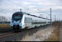 Nachschuss auf 1442 209 und 1442 210 (Bombardier Talent 2) der S-Bahn Mitteldeutschland (DB Regio Südost) als S 37335 (S3) von Halle(Saale)Hbf nach Leipzig-Connewitz, die bei Benndorf auf der Bahnstrecke Magdeburg–Leipzig (KBS 340) fahren. [4.2.2018 | 12:01 Uhr]