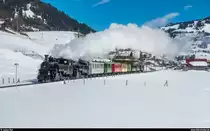 BC Winterdampffahrt Zweisimmen - Montreux am 4. März 2018 mit den HG 3/4 FO 4 und BFD 3.<br>
Nach der Mittagspause zwischen Saanen und Rougemont.