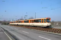 VGF Düwag Pt Wagen 148 und 138 als Doppeltraktion in Frankfurt auf der Breitenbachbrücke bei einer Sonderfahrt am 04.03.18. Diese Brücke eignet sich gut für Sonderfahrten da dies die Zufahrt für Straßenbahnen zur Stadtbahnzentralwerkstatt ist und am Sonntag kaum befahren wird