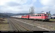 115 496 + 115 261 
11:21 Der Zug bestand aus folgenden Wagen:
D-DB 61 80 85-94 430-3 ARkimbmz 288.4
D-DB 51 80 84-95 051-9 Bimdz 268.4
D-DB 51 80 84-95 003-4 Bimmdzf 287.0
91 80 6101 079-2 D-DB
D-DB 618021- 90357-9 Bvmsz 186.3
D-DB 50 80 25-33 015-2 DBuza 747.4
D-DB 50 80 80-35 386-7 DABpbzfa 762.0
D-DB 50 80 36-81016-8 DABpza 785.2
D-DB 61 80 19-91 125-3 Avmmz 106.1 