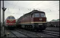 232708 verlässt hier am 6.5.1993 um 10.00 Uhr den Bahnhof Arnstadt und ist mit dem E 4931 unterwegs. Dabei passiert sie die wartende 219178.