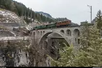 GV-Fahrt der Dampffreunde der RhB am 17. März 2018 von Chur nach Bergün und zurück mit der Ge 4/6 353.<br>
Auf der Hinfahrt beim Überqueren der Solisbrücke.