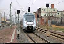 Nachschuss auf 9442 616 (Bombardier Talent 2) von Abellio Rail Mitteldeutschland als RB 74619 (RB20) von Großkorbetha nach Halle(Saale)Hbf, die den Bahnhof Merseburg auf Gleis 1 verlässt. [17.2.2018 | 13:22 Uhr]