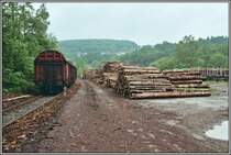 Der Holz-Umschlagplatz in L�denscheid-Br�gge am morgen des 26.05.07 Zwei Waggons warten auf die Abholung.