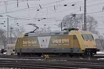 DB Lok 101 071-9 fährt solo beim Badischen Bahnhof ein. Die Aufnahme stammt vom 19.03.2018.