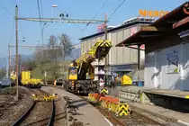 BLS/SBB: SOLOTHURN - MOUTIER - BAHN
Strecke zwischen Solothurn und Oberdorf gesprerrt.
Ab dem Freiag Abend 23.3.2018 bis Montag Morgen 26.3.2018 fanden zwischen Solothurn und Oberdorf Bauarbeiten statt. Deswegen wurde der Streckenabschnitt zwischen Solothurn und Oberdorf während dieser Zeit gesperrt und mit Bahnersatzbussen betrieben. 
In erster Linie handelte es sich um Bauarbeiten am Bahnhof Langendorf. Dort mussten bei einem der beiden Geleise die veralteten Schwellen durch neue Holzschwellen ersetzt werden. Weiter wurden zwei Weichen ausgewechselt und eine weitere Weiche ersatzlos zurückgebaut. Diese wurde früher als Anschlussweiche zur MIGROS genutzt.
Die Aufnahmen der Grossbaustelle samt der verschiedensten Baumaschinen entstanden am 24. März 2018 in Langendorf.
Foto: Walter Ruetsch 