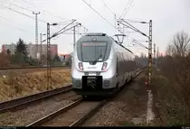 Nachschuss auf 9442 119 (Bombardier Talent 2) von Abellio Rail Mitteldeutschland als RB 74784 (RB75) von Halle(Saale)Hbf nach Lutherstadt Eisleben, die den Hp Halle Rosengarten auf der Bahnstrecke Halle–Hann. Münden (KBS 590) verlässt. [18.2.2018 | 16:41 Uhr]
