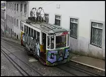 Triebwagen der Standseilbahn in der Taberna da Gloria am 19.3.2018 an dem bergseitigen Endpunkt der Strecke.