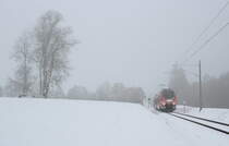 wie aus dem Nichts taucht ein 2-teiliger  Hamster  als RB Oberammergau - Murnau aus dem Nebel auf.

Saulgrub, 18. März 2018