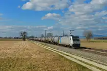 185 690 mit einem Kesselzug am 16.03.2016 bei Langenisarhofen. 