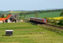 Am 10.04.2014 wollte ich eigentlich das Großschwabhausener Stellwerk fotografieren, von dem ich irgendwo ein Bild gesehen hatte. Das Motiv ist aber nicht mehr schön und so blieb ich bei dem Blick bei Kleinschwabhausen hängen. Von der Umgehungsstraße hat man diesen Blick, ein 612er Doppel passiert gleich die Schafe auf der Weide. Hinten geht der Blick bis zum weit sichtbaren Turm an der Gedenkstätte für das KZ Buchenwald .....