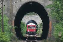 Der T62 der ehem. Halberstad Blankeburger Eisenbahn �berquert das Krocksteinviadukt und f�hrt in den Krumme-Grube-Tunnel ein; Neuwerk, 27.05.2007