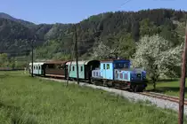 Am Samstag,den 28.4.18 feierte die Breitenauerbahn ihre Saisoneröffnung und 10 Jahre Clubjubileum. Hier der erste Zug am Morgen mit E-3 bei Mautstatt.
