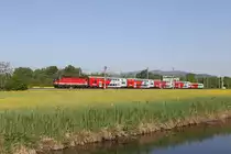 Kurz nach dem Bhf.Leobersdorf verläuft die Strecke neben dem Wr.Neustädter-Kanal,wo sich 1144.122 mit Reg. bei den frisch blühenden Feldern befindet. 29.4.18
