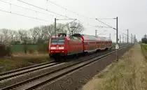146 019 führte am 11.04.18 einen RE von Magdeburg nach Halle(S) durch Weißandt-Gölzau.