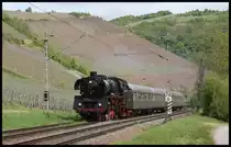 An den Weinbergen bei Kanzem dampft hier 031010 mit ihrem Sonderzug von Saarbrücken nach Trier entlang. Am 28.04.2018 war sie um 13.25 Uhr an dieser Stelle im Rahmen des Dampflokspektakels im Einsatz.