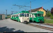 BFS-Fotofahrt auf der BAM mit Be 4/4 14 und Bt 53 am 6. Mai 2018.<br>
Im Bahnhof Apples neben dem Pendelzug Apples - L'Isle mit dem Bt 54 und einem neuen Stadler-Triebwagen.