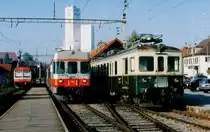 GFM: DIE DREI GENERATIONEN 
ABDe 4/4 162 (1946), RABDe 4/4 171 (1983) sowie RBDe 537 (1991) in Courtepin vereint im September 1994.
Foto: Walter Ruetsch