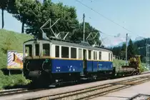 MOB: Bauzug mit dem De 4/4 28 bei einem Zwischenhalt in Saanenmöser im August 1994.
Foto: Walter Ruetsch