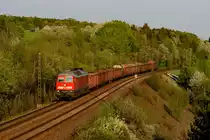  Man sollte immer bis zum Schluss abwarten . Diese Devise wurde am 21. April 2018 belohnt, denn im warmen Abendlicht ließ sich bei Laaber in der Oberpfalz noch die 233 521 mit einem gemischten Güterzug blicken. Hierbei handelte es sich mutmaßlich um einen umgeleiteten EZ aus Tschechien, der normalerweise über das Pegnitztal nach Nürnberg fährt.