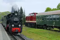 Der RASENDE ROLAND fährt mit der Lok 99 4632 an den Bahnsteig in Putbus und an einen Press DR Traditionszug vorbei. - 12.05.2018
