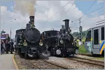 50 Jahre Blonay - Chamby; Mega Steam Festival: Zwei Brünig Bahn Dampflok in Blonay: Rechts die von der Jura Simplon Bahn 1901 beschaffte G 3/3 N° 6, und links die schon mit dem typischen SBB  Gesicht  daher kommende SBB G 3/4 208 von 1913, heute im Besitz der Ballenberg Dampfbahn.
19. Mai 2018