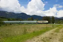 218 447-1 zieht den Alex in Richtung Immenstadt, kurz hinter Fischen. 21.5.18.