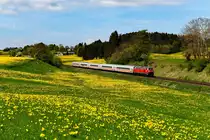 Die 218 476 ist einer der wenigen in Ulm beheimateten Loks dieser Baureihe, die sich in gutem äußerlichen Pflegezustand befinden. Am 25. April 2018 konnte ich sie mit dem IC 2084  Nebelhorn  nach Hamburg Altona bei Aitrang fotografieren. Im Hintergrund erkennt man die Ortschaft Görwangs. 