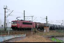 Die äußerlich im schlechten Zustand befindliche 155 219-9 Railpool als Kesselzug befährt in Halle (Saale), Kasseler Straße, die Verbindungskurve zur Bahnstrecke Halle–Bebra (KBS 580) Richtung Süden. [28.3.2018 | 9:52 Uhr]