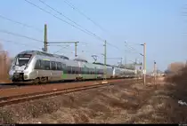 Nachschuss auf 1442 109 und 1442 210 (Bombardier Talent 2) der S-Bahn Mitteldeutschland (DB Regio Südost) als S 37527 (S5X) von Halle(Saale)Hbf Zwickau(Sachs)Hbf, die in Halle-Kanena auf der Bahnstrecke Magdeburg–Leipzig (KBS 340) fahren. [25.3.2018 | 17:18 Uhr]