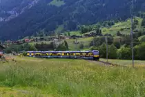 Das neue Rollmaterial der Berner Oberland Bahn: Dreiteiliger Steuerwagen 433 mit dreiteiligem Triebwagen 324 unterhalb Grindelwald. 29.Mai 2018  