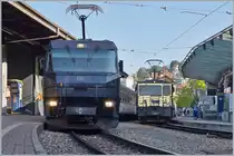 Die MOB Ge 4/4 8003 und GDe 4/4 6003 warten in Montreux mit ihren Zügen nach Zweisimmen und Broc Fabrique auf die Abfahrt.
21. Juni 2018