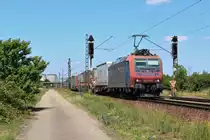 Am 20.06.2018 ist 482 013  Alpäzähmer  mit einem KLV Zug bei Waghäusel in Richtung Schweiz unterwegs.
