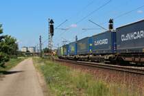 Am 20.06.2018 ist eine BLS 486 mit einem KLV Zug bei Waghäusel in Richtung Norden unterwegs.