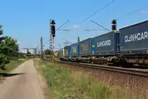 Am 20.06.2018 ist eine BLS 486 mit einem KLV Zug bei Waghäusel in Richtung Norden unterwegs.