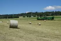 Chemins de fer du Jura, CJ.
Sommeridylle vom Jura.
Sonderzug bestehend aus dem BCe 2/4 70 und dem TT C7 auf der Fahrt nach Saignelégier bei Pré-Petitjean am 23. Juni 2018.
Foto: Walter Ruetsch 

