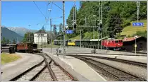 Heute verkehrt der Nostalgiezug R1815 von Davos Platz nicht wie üblich mit der Ge 6/6 I 414, sondern mit der Ge 4/4 I 602  Bernina . Ge 4/6 353 und Ge 2/4 222 haben sich zur Pause ins Abstellgleis verzogen. (23.06.2018)