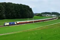 Der AKE-Rheingold-Sonderzug aus Salzburg kommend, gezogen von einer 1216 der Wiener Lokalbahn Cargo am 24.06.2018 bei Traunstein Haslach.
